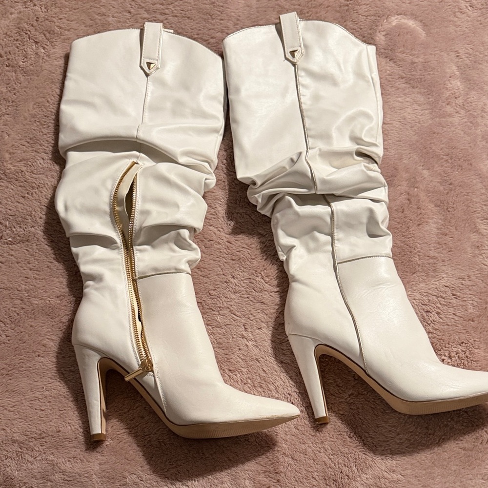 JustFab White Slouchy Pointed-Toe Knee Boots